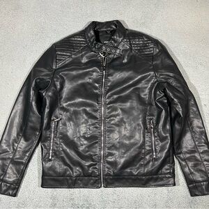 Stone Falcon Leather Jacket Men's Large Faux Fur Lined Full Zip Black